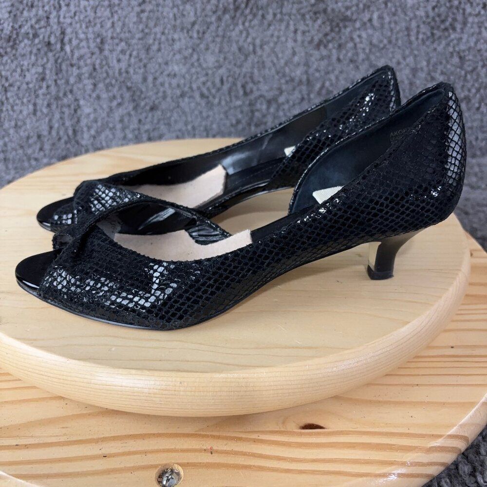 Anne Klein Kitten Heel Pump Womens Size 8 Leather Black Snakeskin Print Peep Toe